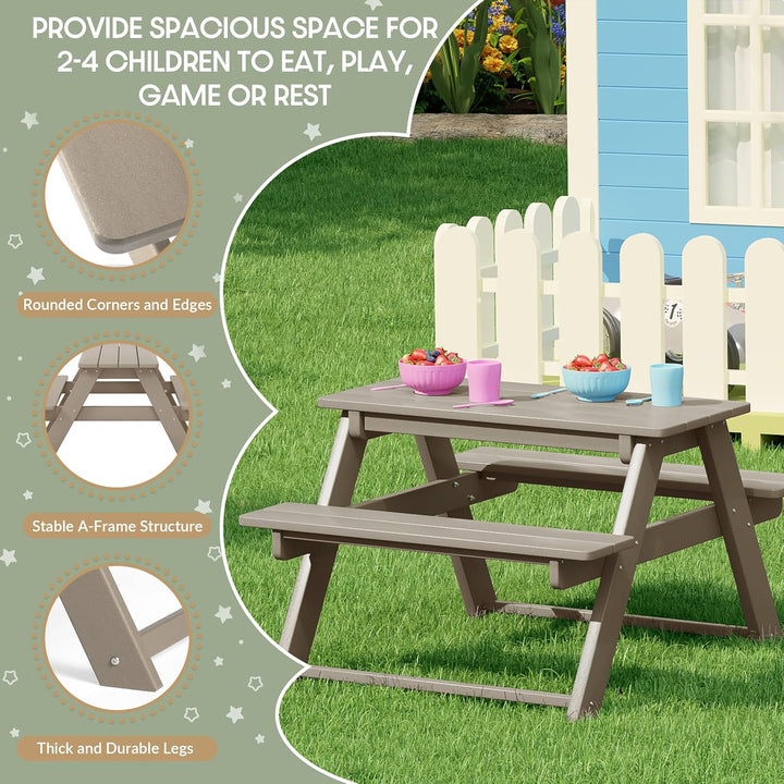 Malibu Outdoor Patio Kids HDPE Plastic Picnic Bench Table, Weathered Wood