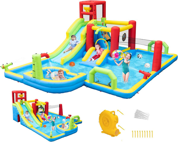 Inflatable Water Slides Park, Large Water Castle for Kids Fun Outdoor Jumping Inflatable Bouncers with Extra Large Pool and 2 Slides, 3 Types of Ball Games, Easy to Set up with Air Blower
