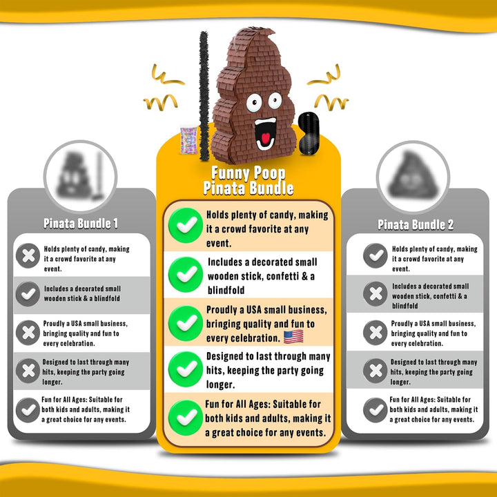 Funny Poop Piñata 4-Piece Set Perfect for Birthday Parties, Decorations, Emoticon Parties, Fun Shape, Great Party Addition for Kids, Teens, and Adults (17”X10”) Durable!