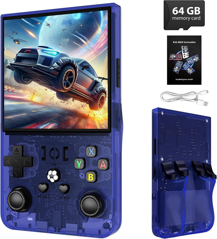 R36MAX Retro Handheld Game Console - 64GB Preloaded Classic Video Games, Support 30+ Simulators, Linux-Powered Portable Game Emulator Console with 4.0-In HD IPS Screen (Transparent Black)