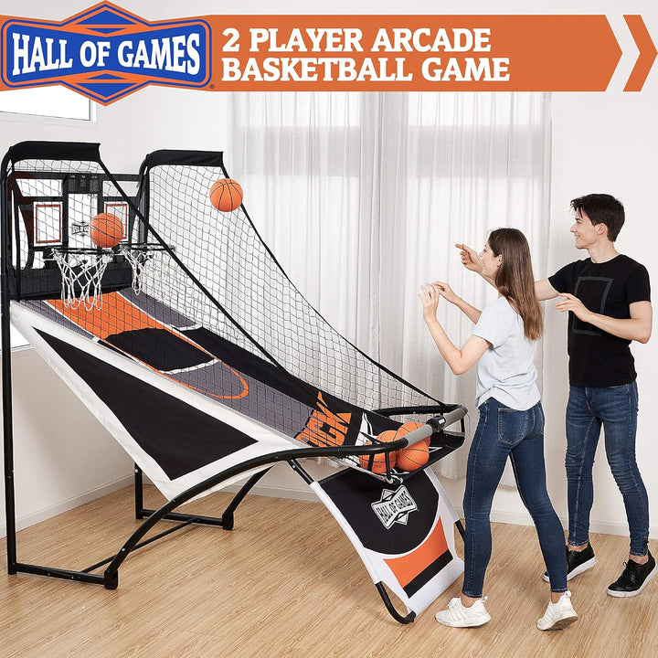 EZ Fold Premium Indoor Arcade Basketball Game with Steel Frame and Polycarbonate Backboard, Dual Shot Electronic Scoring with 6 Size 3 Balls Included, Perfect for Basement Game Rooms
