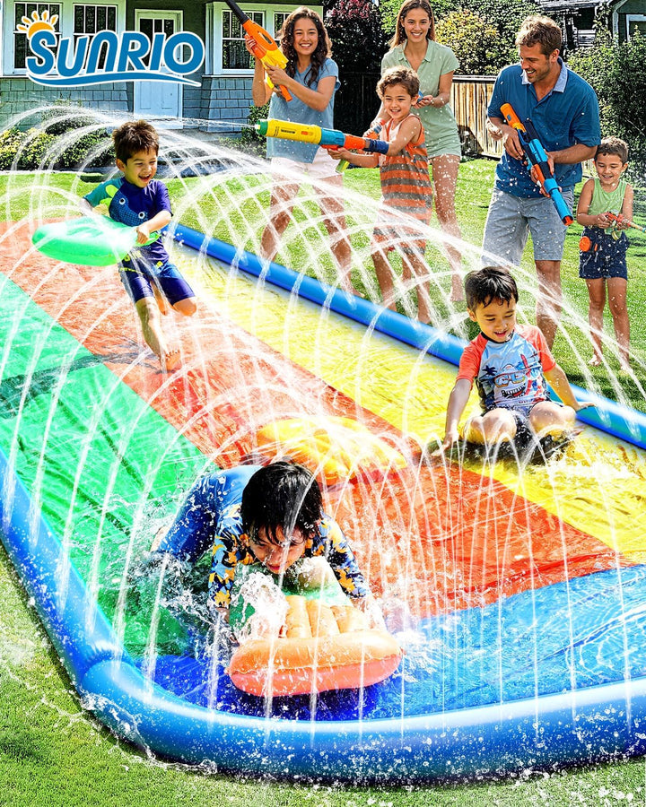 Lawn Water Slides 16Ft X 80In Triple Slide with Built-In Sprinkler and 3 Bodyboards for Kids Adults Backyard, Slip and Slide in Outdoor Water Toys during Summer Holiday