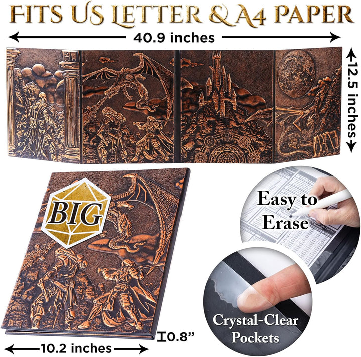 DM Screen for DND with 4 Wider Panels - Stunning Panoramic Battle Scene & Clear Game Master GM Pockets - 3D Embossed Faux Leather Dungeon Master Screen for D&D, RPG (Fits US Letter 8.5 X 11)