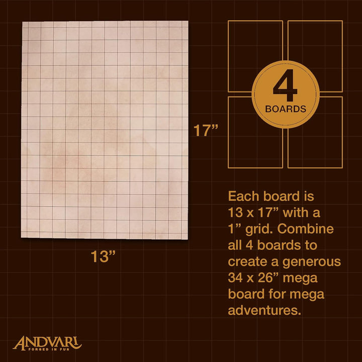 Battle Mat with Grid for Dungeons Role Playing Tabletop Dragons Game - 4 Pack Dry Erase Battle Boards, Non-Skid Back (17X13 Inches Each Makes 34X26 Board)