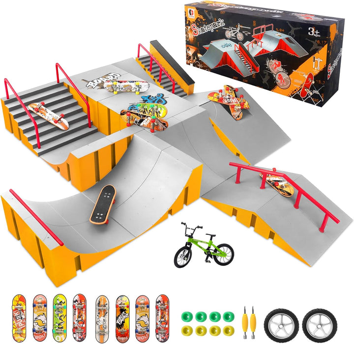 Finger Skateboard Park Kits,14 in 1 Skateboard Finger Toys with 8 Finger Skateboards & 14 Skatepark Deck Ramp,Finger Bike for Boys or Girls Gift,Mini Finger Skateboards Ramp Accessories Set