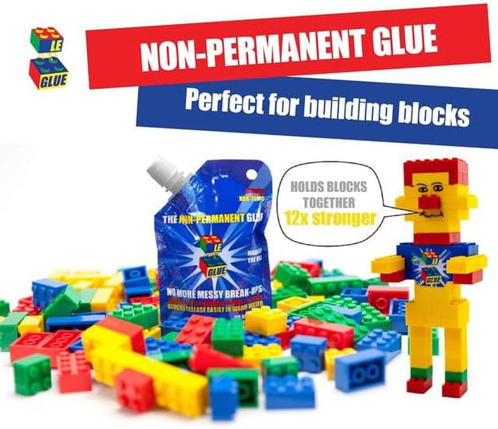 Le Glue Temporary Glue - Compatible with Legos - Non-Permanent Clear Adhesive for Plastic Building Blocks - No Messy Break-Ups - Non-Toxic Formula - Created for Kids, by a Kid
