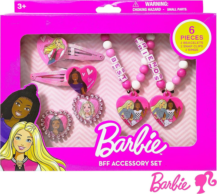 Barbie Accessories for Girls 6 Piece Toy Jewelry Box Set with 2 Rings, 2 Bead Bracelets, and Snap Hair Clips Ages 3+