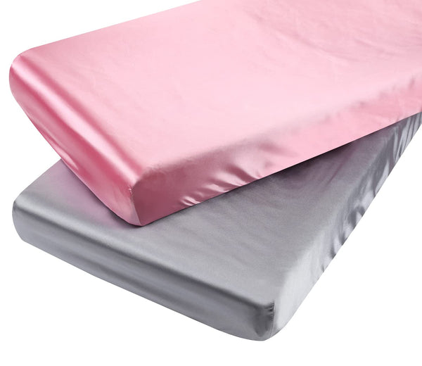 Satin Pack N Play Sheet Set 2 Pack Ultra Soft Silk Fitted Mini Crib Sheets Playard Sheet Protect for Baby Hair and Skin, Grey & Pink