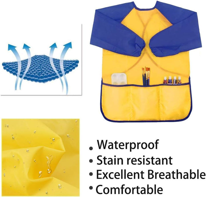 2 Pack Kids Art Smock Colorful Waterproof Children Art Aprons Artist Painting Aprons with Long Sleeve 3 Roomy Pockets for Age 3-7 Years,Yellow and Blue
