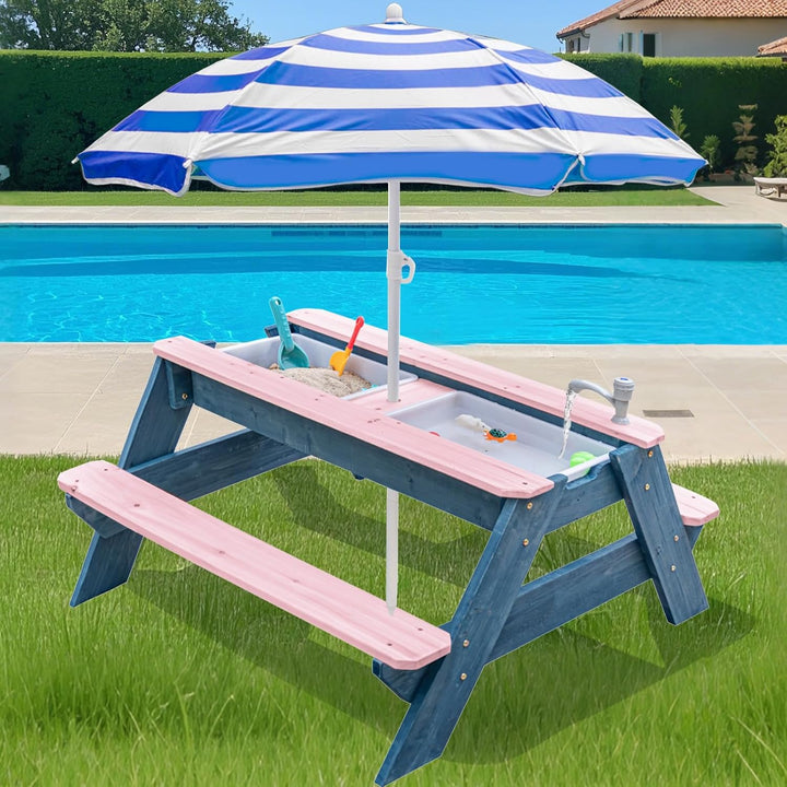 Kids 3-In-1 Sand & Water Table, Wood Outdoor Convertible Picnic Table with Umbrella, 2 Trays, Removable Top with Faucet, Picnic for Outdoor (Pink/Navy)