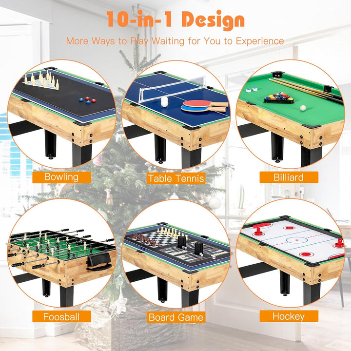 Multi Game Table, 10 in 1 Combo Game Table W/Foosball Table, Hockey, Pool Table, Ping Pong, Shuffleboard, Bowling & 4 Board Games, Game Tables for Game Room, Home, Family