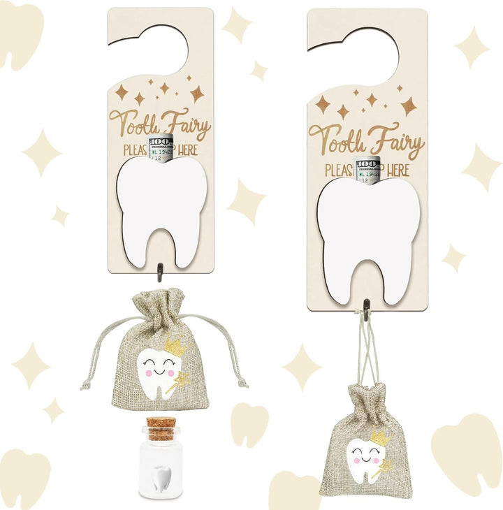 3PCS Tooth Fairy Tooth Holder, Tooth Fairy Door Hanger with Money Slot, Keepsake Bottle & Burlap Pouch for Lost Teeth, Encourage Gift for Boys Girls,Blue