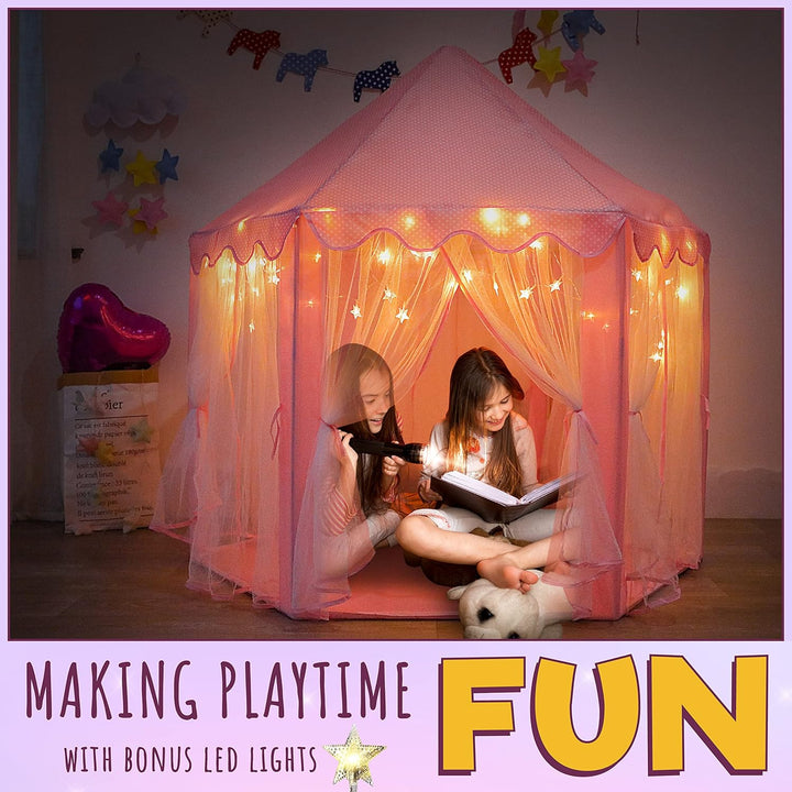 Princess Castle Playhouse Tent for Girls with LED Star Lights – Indoor & Outdoor Large Kids Play Tent for Imaginative Games – ASTM Certified, 230 Polyester Taffeta. Pink 55"X53".