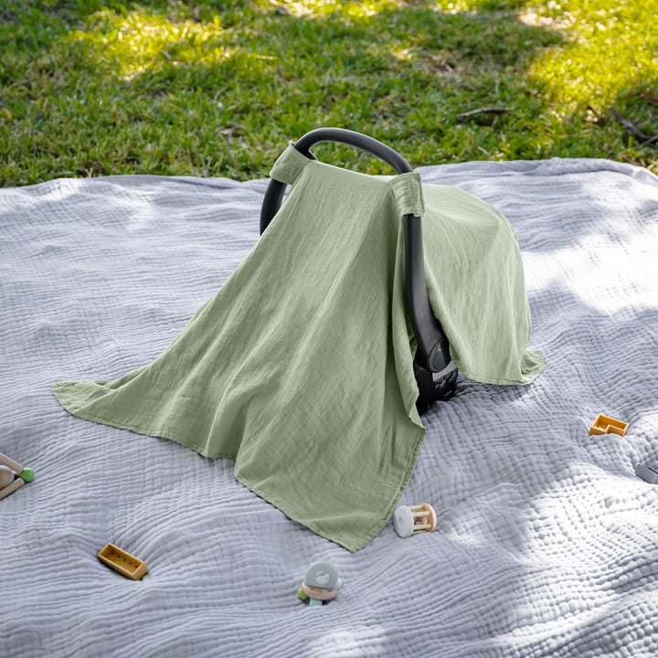 Baby Car Seat Cover - Soft, Breathable Bamboo Rayon and Muslin Cotton Blend - Lightweight Canopy for Sun, Bug, and Comfort Protection - Large Size Infant Seat Cover in Sage Design