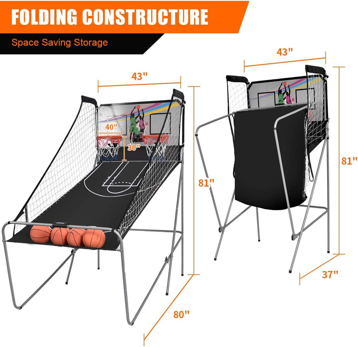 Foldable Basketball Arcade Game, 8 Game Options, Electronic Double Shot 2 Player W/ 4 Balls and LED Scoring System, Indoor Basketball Game for Kids, Adults