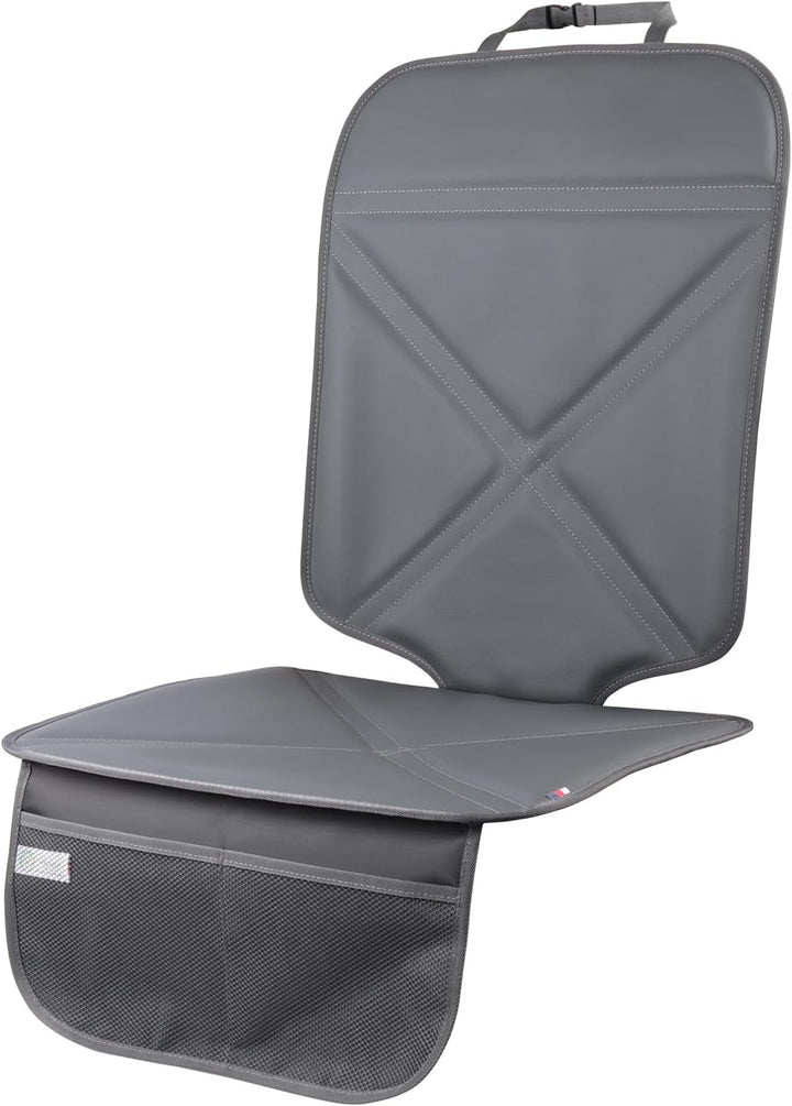 Car Seat Protector Leather Waterproof Child Safety Seat Protector Cover with Thick Pad and 2 Large Pockets Durable Kick Mat for All Auto Seat (Beige)