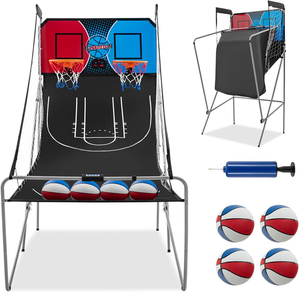 Arcade Basketball Game Indoor Foldable with 8 Game Modes, Arcade Sound, 4 Balls and Inflation Pump, Electronic Basketball Games for All Ages Home
