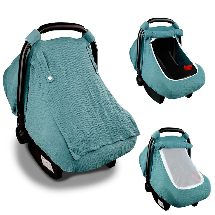 Muslin Car Seat Covers for Babies, Summer Baby Car Seat Cover for Boys Girls with Breathable Window, Lightweight Infant Car Seat Canopy, Green