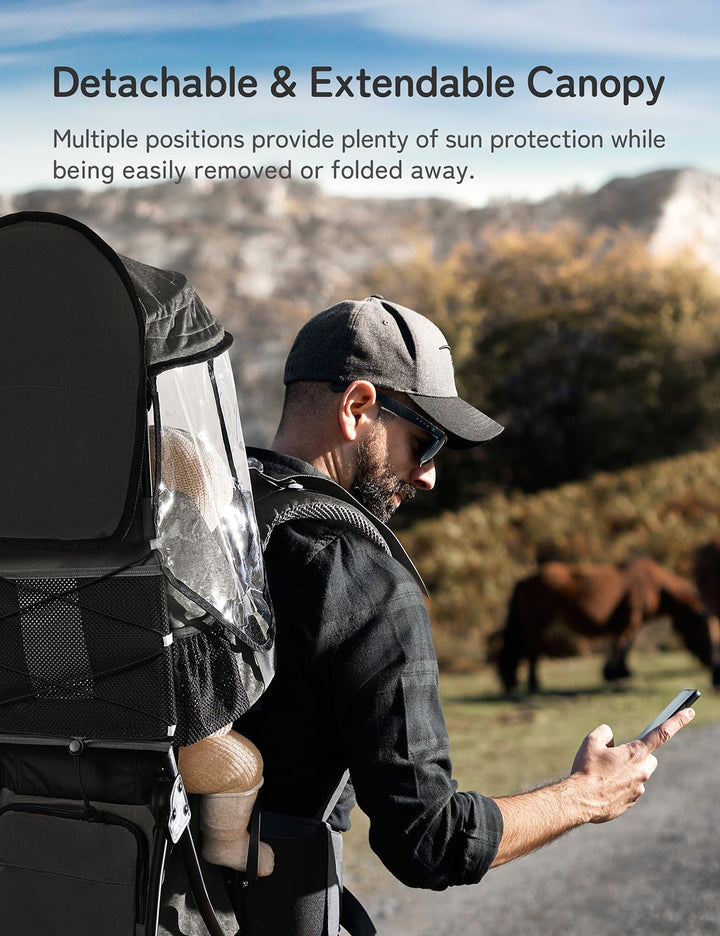 Baby Backpack Carrier, Toddler Hiking Backpack with Safety 3-Height Seat, Adjustable Straps&Waist Belt, Foldable Frame Lightweight Large Capacity Child Carrier for Hiking (Black)
