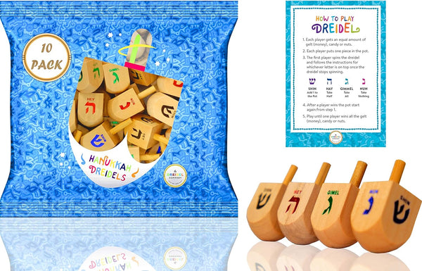Natural Wood Dreidels Hanukkah Draydel with English Transliteration & Instruction Cards (10-Pack)