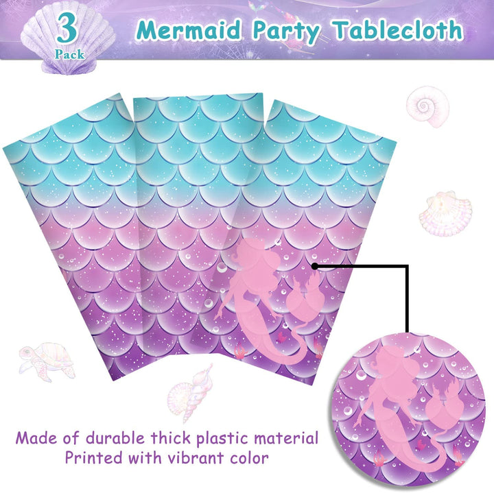 3Pcs Mermaid Birthday Party Tablecloth Decorations,Disposable Plastic Table Cover for Princess under the Sea Baby Shower Themed Kids Birthday Party Supplies,108X54 Inch