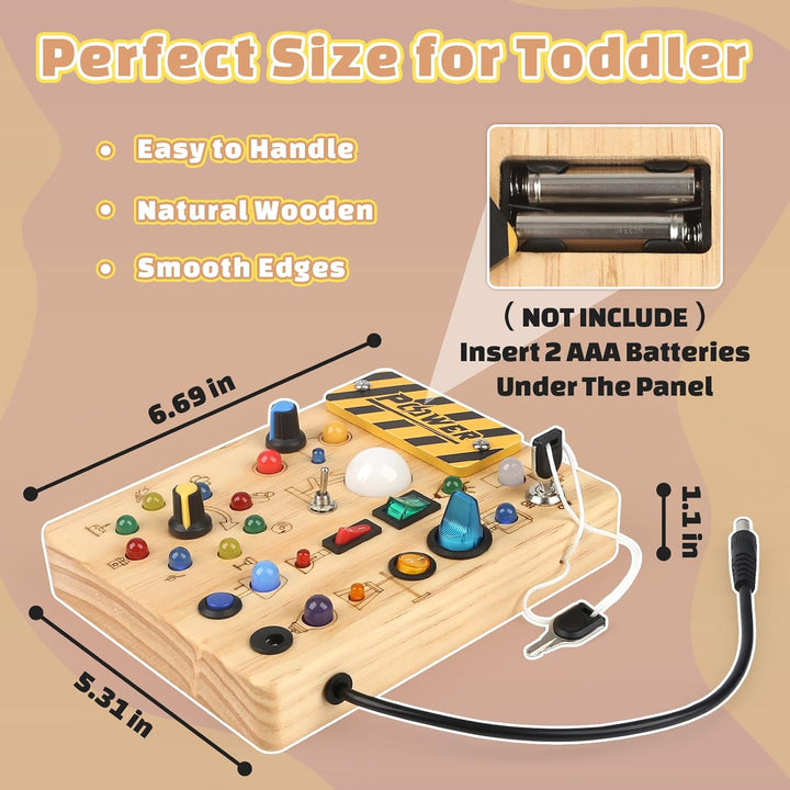 Montessori Busy Board Wooden Sensory Toys for Toddler with LED Light up Switch, Baby Fidget Board Travel Toys for 18+ Months, 1 2 3 Year Old Boys Girls Toddler Toy Gifts (Classic)