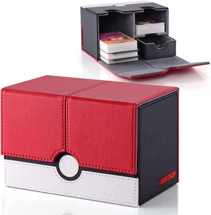150+ Premium Deck Box Case for PTCG, MTG, Large Capacity with 2 Dividers, Fits 100+ Sleeved Cards TCG Trading Card Games(Vertical - Red & White)