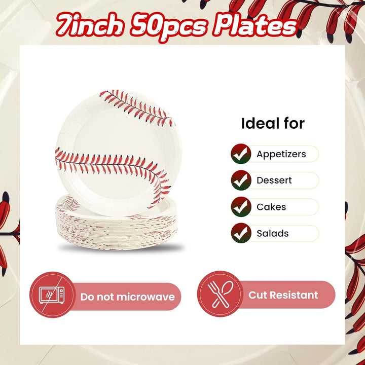 50PCS Baseball Party Paper Plates - 7Inch round Baseball Dessert Plates for Cake Salad Fruit Pizza Disposable Themed Decoration Supplies for Fan Sports Event, Birthday Party