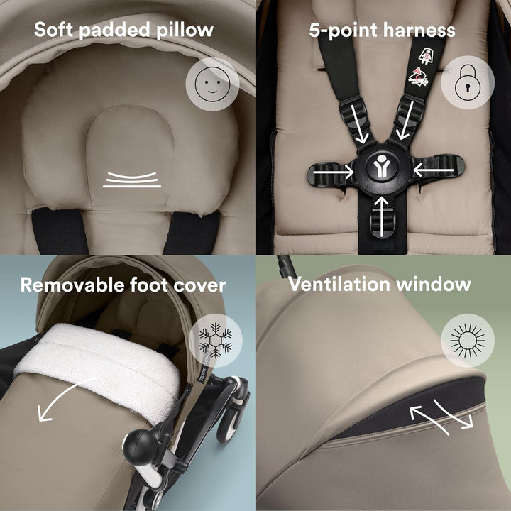 YOYO 0+ Newborn Pack, Taupe - Includes Mattress, Extendable Canopy & Five-Point Harness - Requires YOYO3 Frame (Sold Separately)