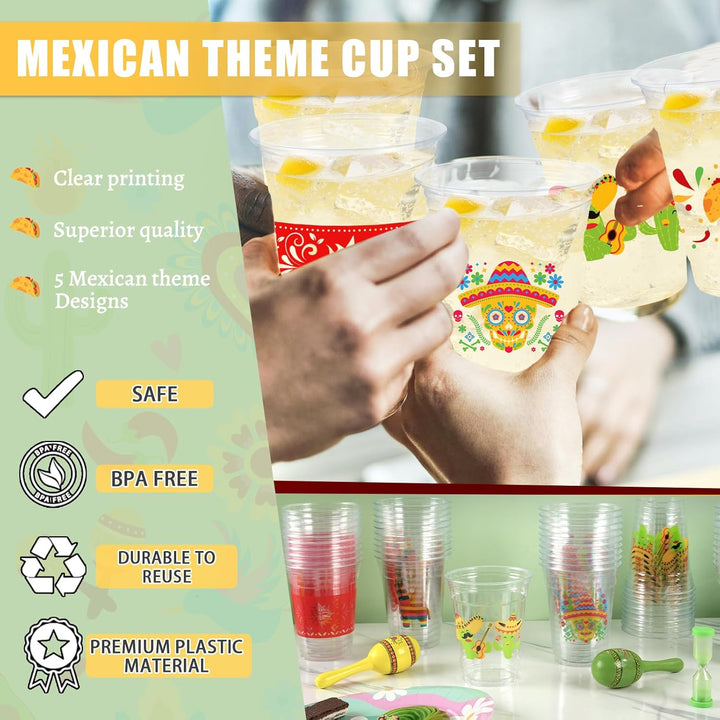 50Pcs Fiesta Cups,12Oz Plastic Disposable Clear Mexican Cups with 5 Pattern Designs for Cinco De Mayo Drinkware Party Supplies Taco Birthday Party Decorations