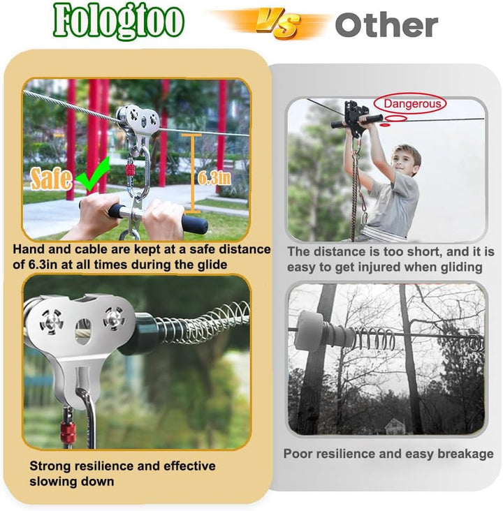 Zip Lines for Kids and Adults Outdoor up to 500 Lbs, 304 Stainless Steel 80FT Zipline Kits for Backyard with Thickened 1/4" Wire Rope, Removable Pulley, Outdoor Playground Equipment