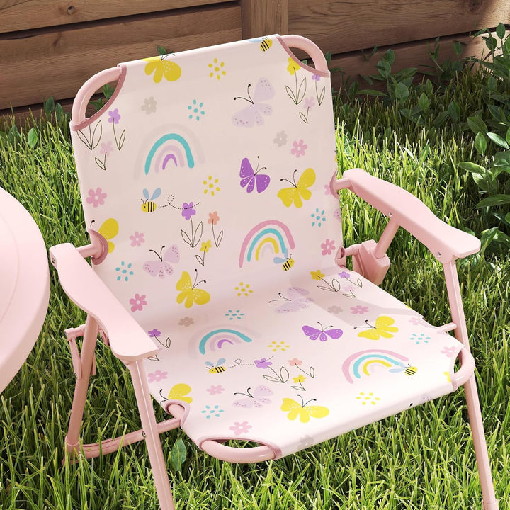 Kids Picnic Table and Chair Set, Outdoor Activity Table with Foldable Chairs, Removable Umbrella, Rainbow Pattern Toddler Patio Furniture for Backyard, Garden, Pink