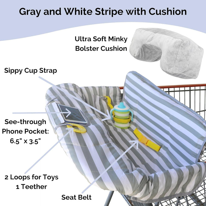 Shopping Cart Cover and High Chair Cover with Bolster Support Pillow (Gray and White Stripe with Cushion)