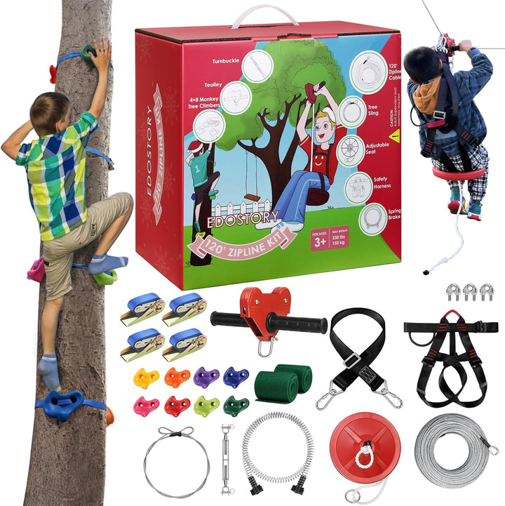 160 Feet Backyard Zip Line Kit for Kids and Adult up Outdoor to 330Lb with Stainless Steel Ziplines Spring Brake and Safety Harness, Christmas and Birthday Gifts for Kids(Red)