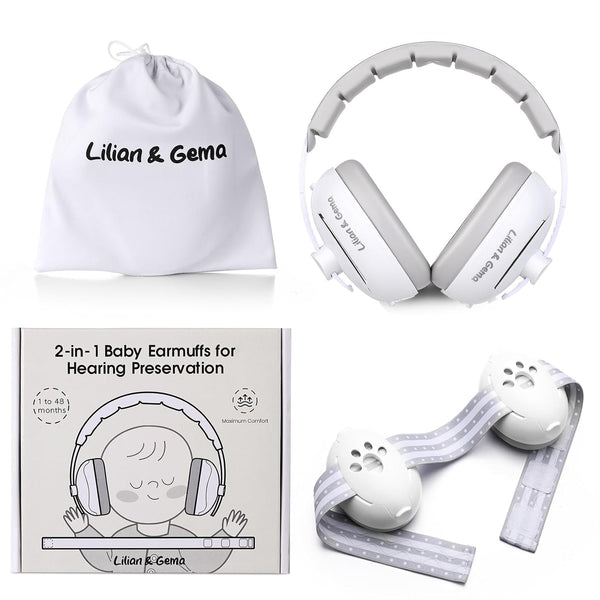 2-In-1 Baby Ear Muffs Noise Protection, Adjustable Headphones with Stretchy Band, Noise Cancelling for Toddler up to 4 Years, Airplane Essentials/Outdoor, White