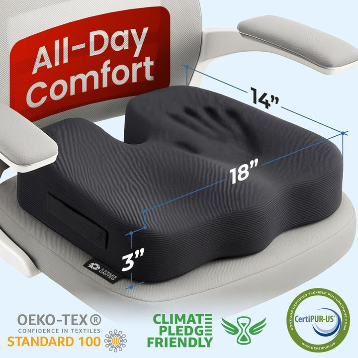 Seat Cushion for Tailbone Pain Relief – Memory Foam Lifting Pillow for Coccyx, Hip, Hemorrhoid, Sciatica & Post-Surgery Recovery – Wheelchair, Car, Desk, Gaming & Office Chairs, Black