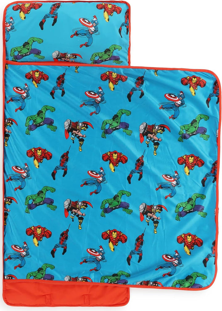 Toddler Nap Mat with Built-In Pillow and Blanket - Soft 46 X 20-Inch Microfiber Kids Sleeping Bag for School or Sleepover, Blue - Spidey & His Amazing Friends