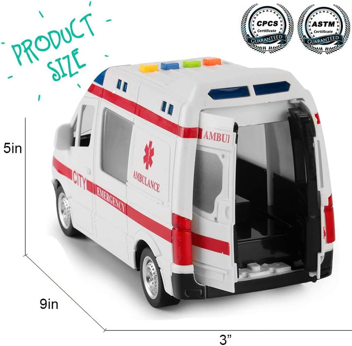 Ambulance Toy Car with LED Lights & Siren Sound Effects - Friction Powered Wheels Plastic Rescue Vehicle Toy for Kids & Toddlers