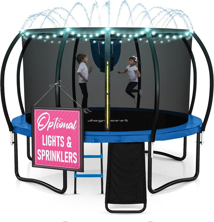 Trampoline Outdoor - ASTM Certified Safe, 8Ft, 10Ft, 12Ft, 14Ft, 15Ft, 16Ft Recreational Trampoline for Kids and Adults. Anti-Rust Coating with Enclosure Net, Ladder, Sprinkler & LED Lights
