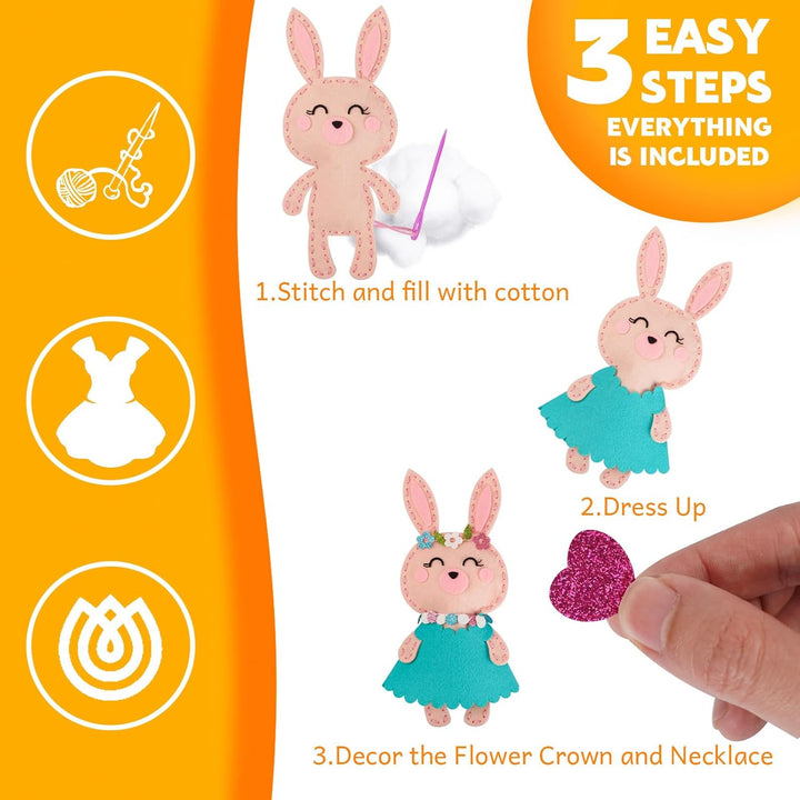 Kid Sewing Craft Kit to Make a Friend for Beginner Felt Craft Learn to Sew, Panda Fox Bunny Raccoon Bear 5 Animals