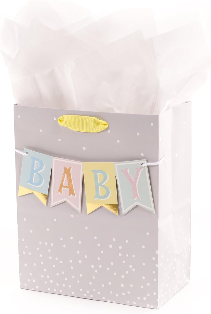 9" Medium Baby Gift Bag with Tissue Paper - Baby Banner in Grey, Pink and Blue for Baby Showers, New Parents, and More
