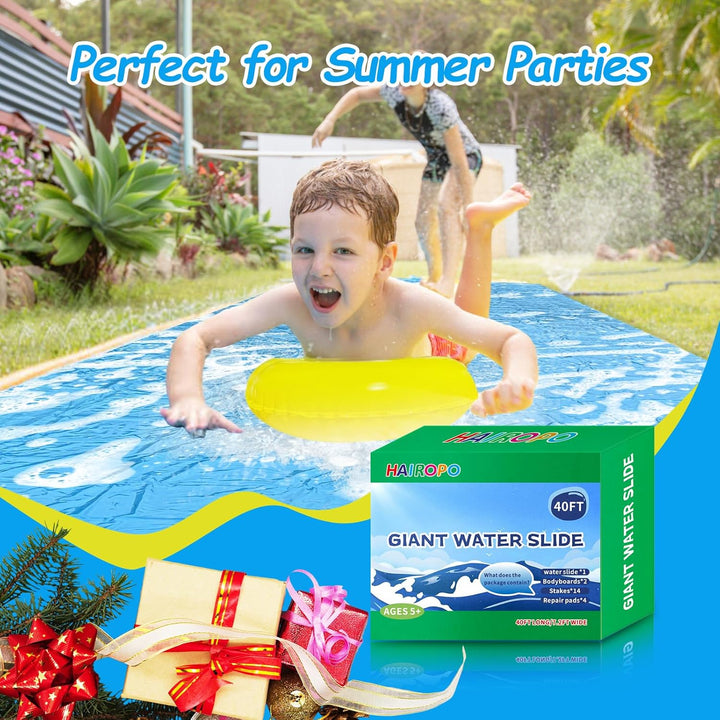 Slip Water Slide, 40FT Giant Slip Water Slides for Kids Backyard, Heavy Duty Slip and Water Slide for Kids Adults Waterslides Backyard Summer Outdoor Toys with 14 Stakes and 2 Inflatable Bodyboards