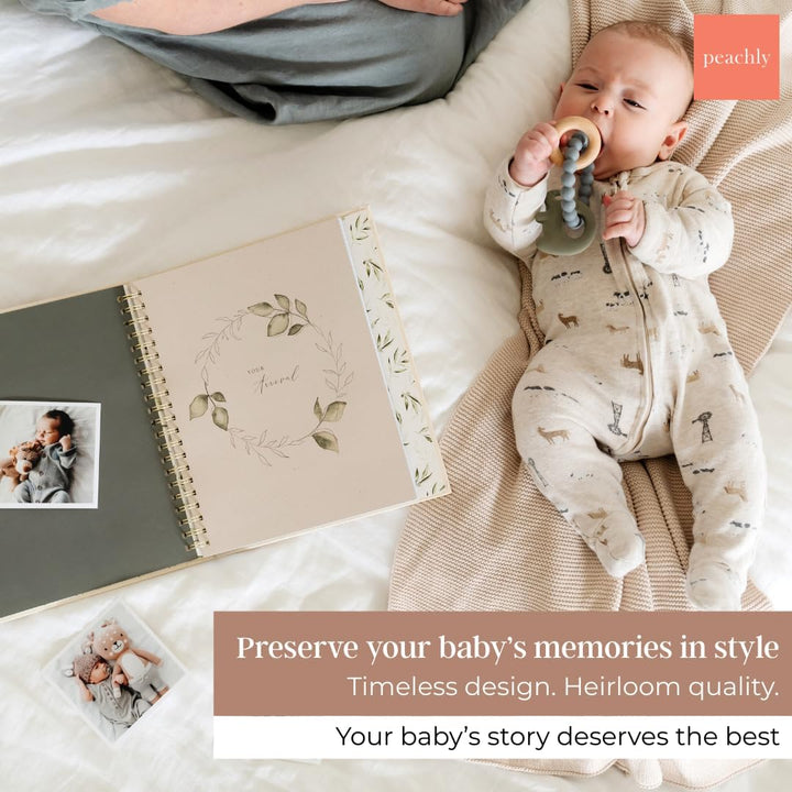 Unisex Baby Memory Book | Minimalist Baby First Year Keepsake for Milestones | Baby Books First Year Memory Book | Simple Baby Scrapbook for Boy Girl Milestones | Natural Linen - Olive