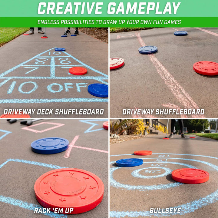 Driveway Shuffleboard Game Set - Includes 2 Shuffleboard Cue Sticks, 8 Pucks, 2 Pieces of Chalk