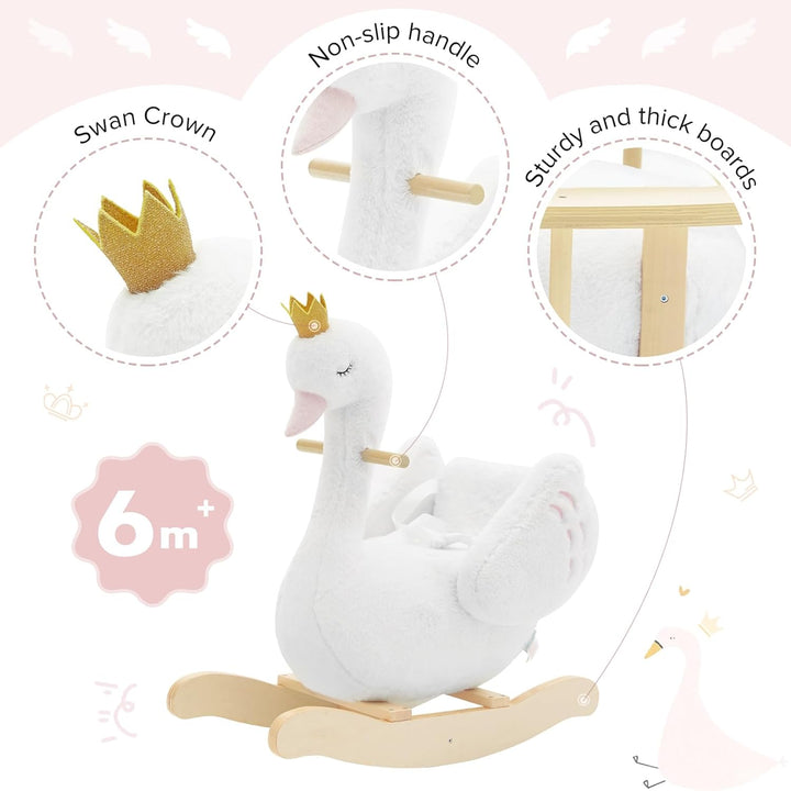 Kids Rocking Horse White Swan, Stuffed Animal Wooden Rocker for Children 6 Months Boys and Girls/Nursery Christmas, Birthday Gift (Rocking Swan)