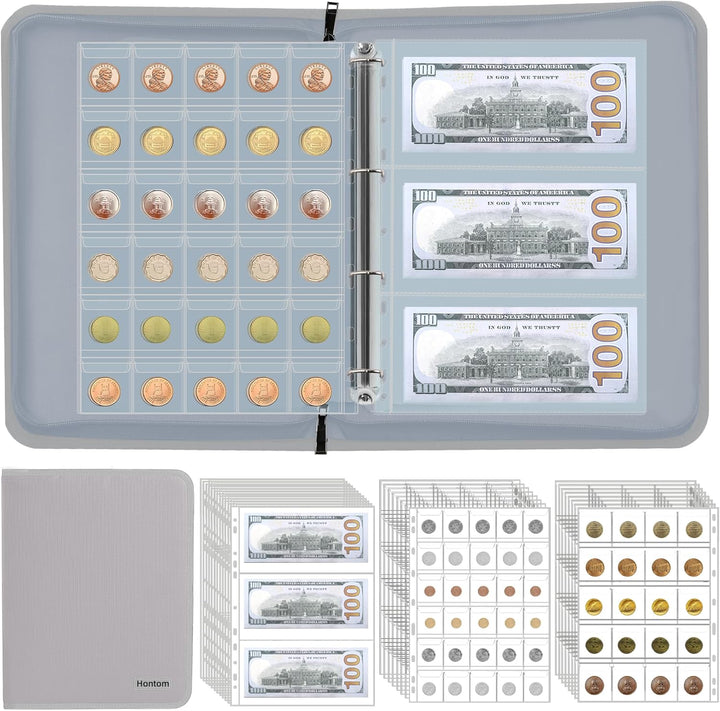 Coin Collection Album Holder for Collectors, 400 Pockets Fireproof Coin Collection Book & 36 Paper Money Organizer Binder for Coin Currency Collection Supplies,Pennies,Bill,Tokens,Badges