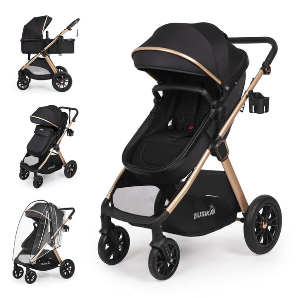 6-In-1 Convertible Baby Stroller with Bassinet Pushchair - Folding Infant Newborn Stroller W/Footmuff, Rain Cover, Cup Holder & Large Storage, Toddler W/All-Scene Large Wheels, Reversible Seat(Black)