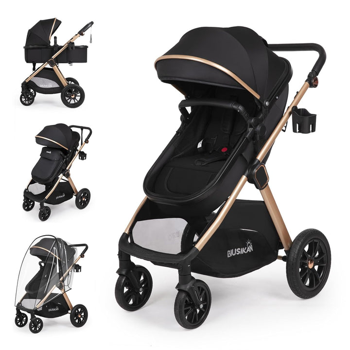 6-In-1 Convertible Baby Stroller with Bassinet Pushchair - Folding Infant Newborn Stroller W/Footmuff, Rain Cover, Cup Holder & Large Storage, Toddler W/All-Scene Large Wheels, Reversible Seat(Black)