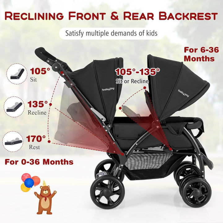 Double Stroller, Foldable Lightweight Infant Twin with Tandem Seating, 5-Point Harness, Recline Seat, Storage Basket, Compact Baby Double Stroller Newborn and Toddler (Black)