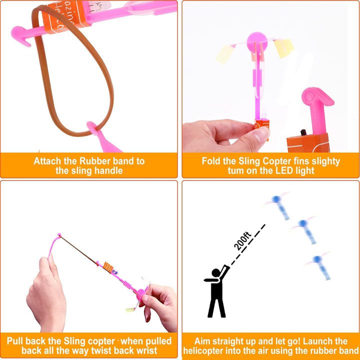 25 Sets LED Flying Set, 25 Slingshot+25 Glow Helicopter-50 Pcs, Flying Toy Outdoor Toys Glow in the Dark Party Supplies Party Favors for Kids 8-12,4-8